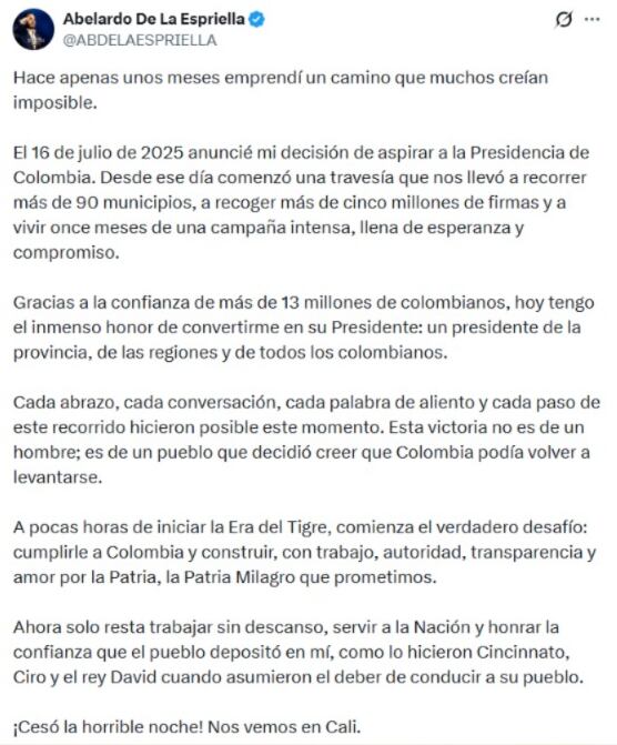 El presidente electo reiteró su compromiso de trabajar por todos los colombianos y cumplir las promesas hechas durante la campaña - crédito @ABDELAESPRIELLA/ X