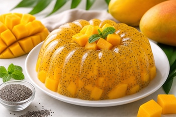 Gelatina amoldada con semillas de chía y trozos de mango en un plato blanco, rodeada de mangos enteros, troceados y un cuenco con chía.