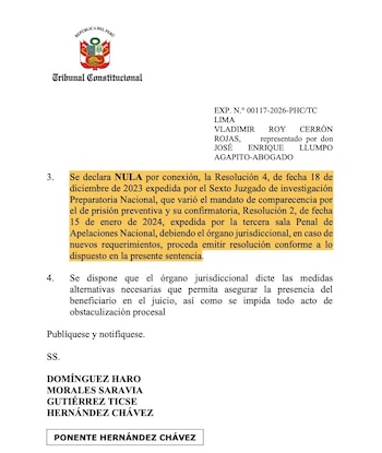 Documento oficial del Tribunal Constitucional del Perú con el escudo nacional, texto legal sobre la anulación de una resolución de prisión preventiva y nombres de magistrados y Vladimir Cerrón