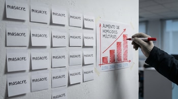 Pared blanca con 17 notas adhesivas que dicen 'masacre'. Una mano anónima con guante sostiene un marcador rojo cerca de un gráfico de barras que muestra aumento de homicidios.