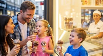 Una familia feliz de cuatro personas come helados de cono cubiertos de chocolate; los niños tienen chocolate en sus caras. Se ve una tienda de helados al fondo.