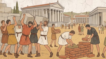 Ilustración de hombres con túnicas moviendo bloques, moldeando ladrillos y limpiando una fuente, junto a templos, foro y un acueducto en construcción.