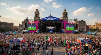 Gran multitud de personas reunidas en el Zócalo de la Ciudad de México, viendo partidos de fútbol en pantallas gigantes del FIFA Fan Festival, con edificios históricos de fondo.