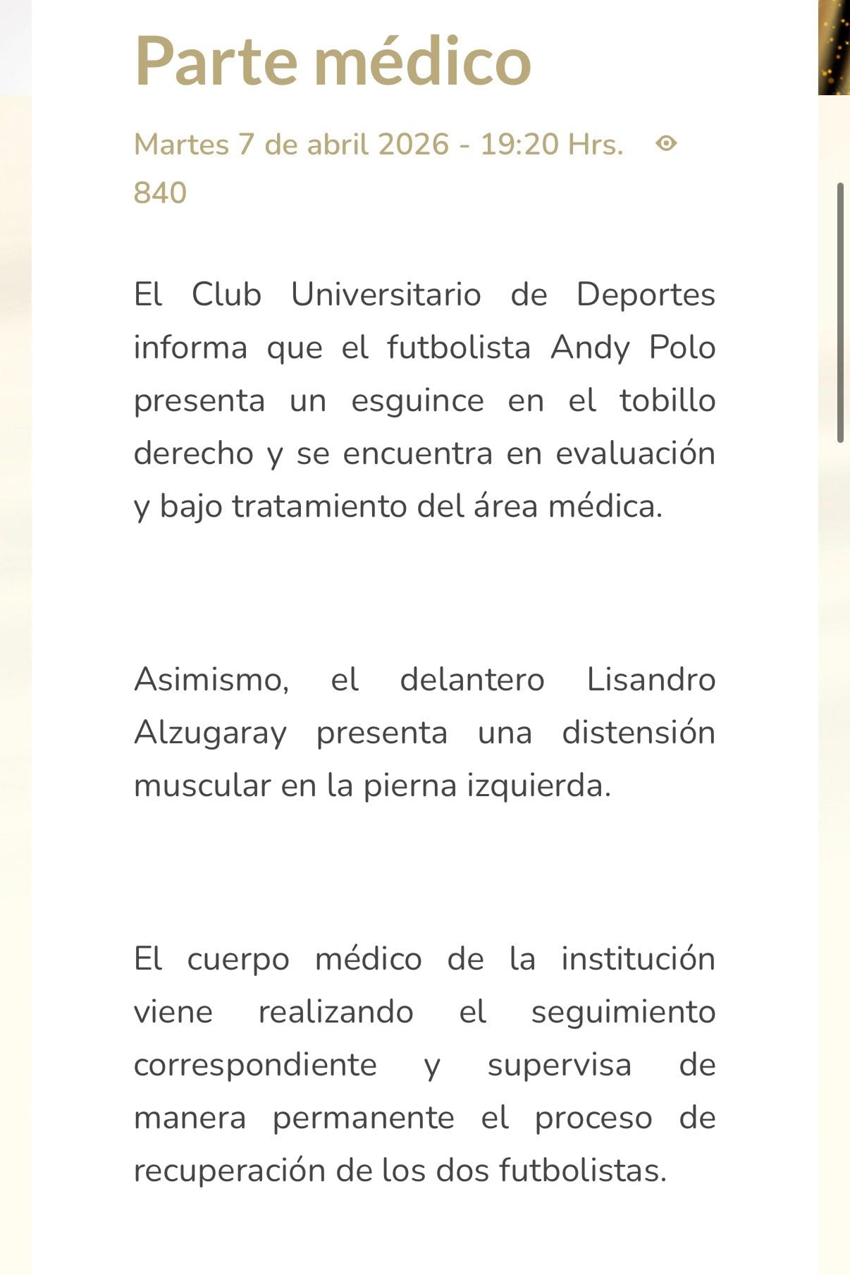 Relatório médico do Universitario sobre as lesões sofridas por Andy Polo e Lisandro Alzugaray.