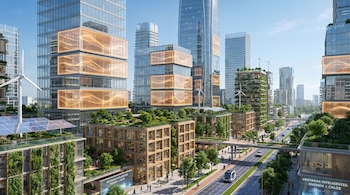 Vista aérea de una ciudad futurista con rascacielos de vidrio, edificios con jardines verticales, paneles solares, turbinas eólicas, y calles con vehículos autónomos.