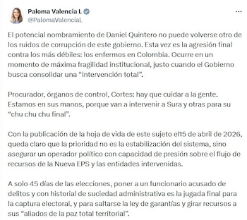 Paloma Valencia sobre nombramiento de Daniel Quintero como nuevo superintendente de salud - crédito @PalomaValenciaL/X