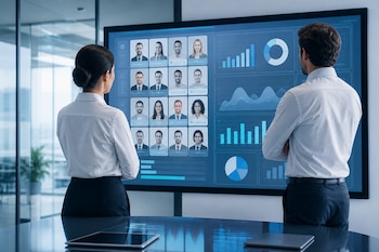 Un hombre y una mujer de espalda miran una gran pantalla digital con fotos de personas y gráficos en un entorno de oficina.