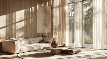 Salón moderno con sofá beige, mesas de centro de madera y alfombra. Pared de madera y gran ventanal con cortinas claras por donde entra la luz del sol.