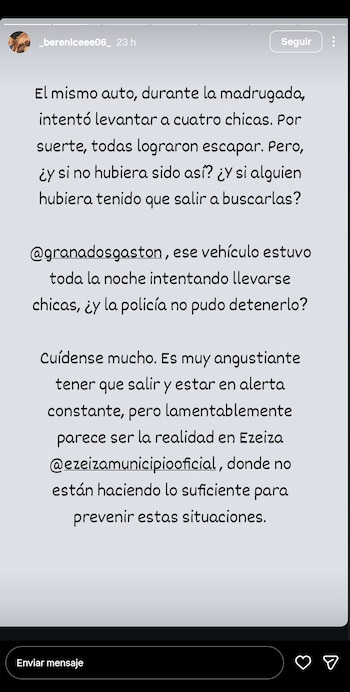 Captura de pantalla de una historia de Instagram con texto en español sobre intentos de secuestro en Ezeiza, con el perfil de usuario "_bereniceee06_"