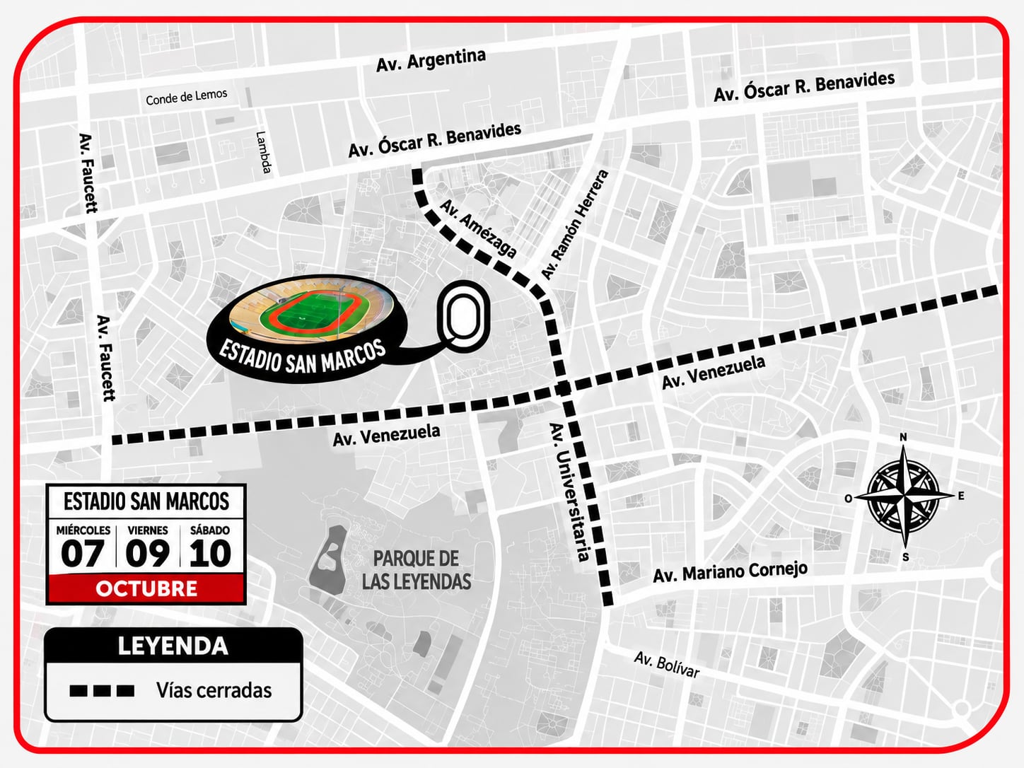 Un mapa vial de Lima señala las vías cerradas alrededor del Estadio San Marcos durante las fechas 7, 9 y 10 de octubre.