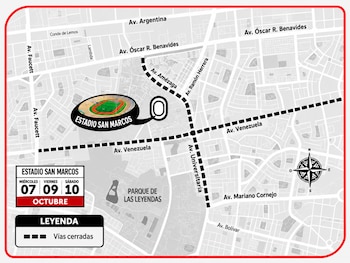 Mapa de avenidas en torno al Estadio San Marcos con trazados de vías cerradas y una leyenda con fechas del 7, 9 y 10 de octubre