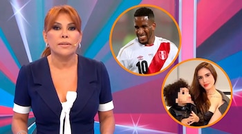 Magaly Medina en un set de televisión junto a dos imágenes circulares de Jefferson Farfán y una mujer cargando a una niña.