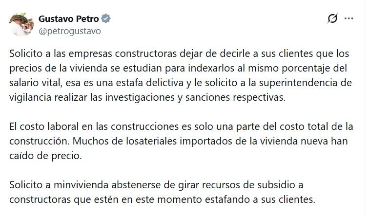 Gustavo Petro, presidente de Colombia, llamó estafadores a las empresas de construcción - crédito @PetroGustavo/X