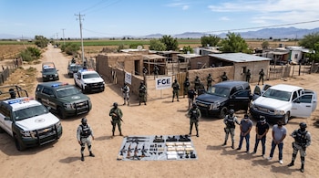 Agentes armados rodeados de patrullas custodian armas, chalecos tácticos y paquetes sobre el suelo, junto a tres hombres detenidos.