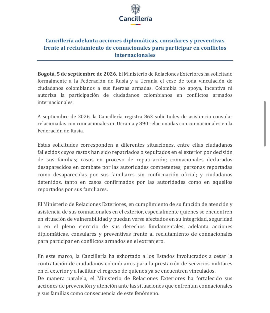 La cartera liderada por Omar Bula señaló que hasta septiembre de 2026, registra más de 1.500 solicitudes de asistencia consular relacionadas con connacionales envueltos en el conflicto bélico - crédito Cancilleria
