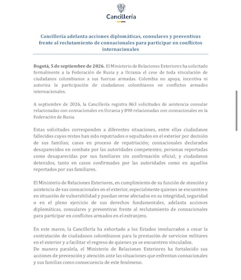 La cartera liderada por Omar Bula señaló que hasta septiembre de 2026, registra más de 1.500 solicitudes de asistencia consular relacionadas con connacionales envueltos en el conflicto bélico - crédito Cancilleria