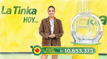 Ilustración de una mujer sonriente de La Tinka frente a una máquina de lotería, con un cartel verde que muestra "Pozo Actual S/ 10,653,373".