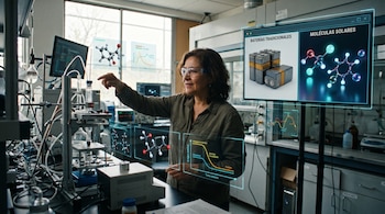 Profesora de química en laboratorio con gafas de seguridad, interactuando con pantallas holográficas que muestran moléculas, gráficos y una comparación de baterías y moléculas solares.
