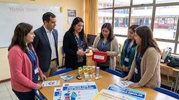 Seis adultos, cinco mujeres y un hombre, alrededor de una mesa con materiales educativos de diabetes tipo uno, un kit de emergencia de hipoglucemia y productos médicos.