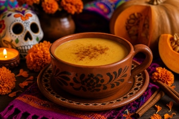Una taza de barro con atole de calabaza, junto a flores de cempasúchil, una calavera decorada, una vela y un trozo de calabaza.