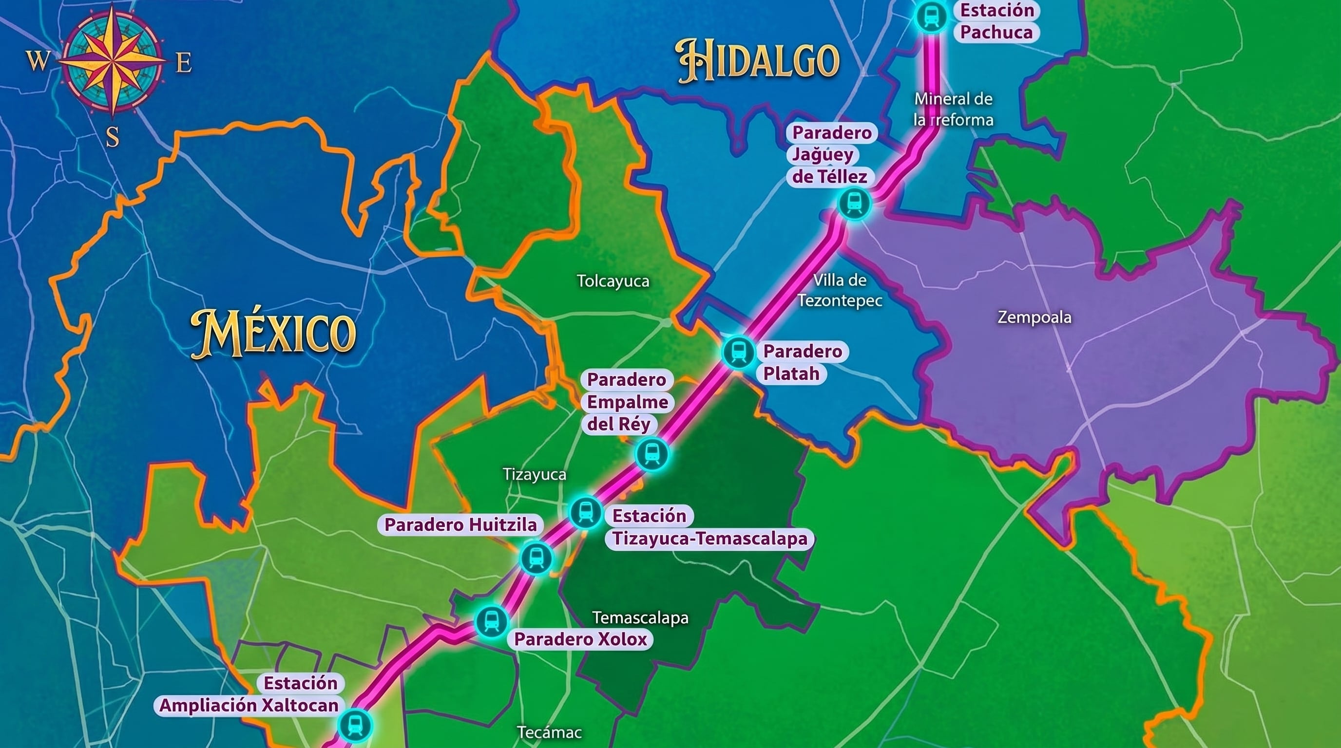 Este mapa ilustra la propuesta de una nueva ruta de transporte interurbano, conectando localidades del Estado de México y Hidalgo, incluyendo estaciones y paraderos clave como Pachuca y Ampliación Xaltocan, resaltando la infraestructura de movilidad regional. (Imagen Ilustrativa Infobae)
