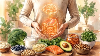 Persona con sistema digestivo y cerebro iluminados. En una mesa, alimentos saludables como brócoli, arándanos, avena, salmón, aguacate y frutos secos.