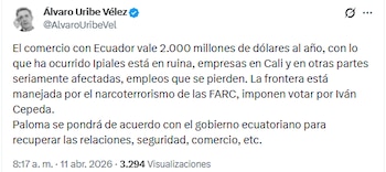 El expresidente de la República destacó la importancia de restaurar las relaciones diplomáticas, destacando que el comercio con el vecino país vale USD 2.000 millones al año - crédito @AlvaroUribeVel/X