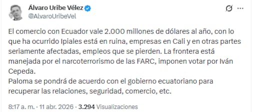 Pronunciamiento del 11 de abril de 2025 de Álvaro Uribe Vélez sobre el impacto económico de las medidas ecuatorianas. - crédito @AlvaroUribeVel/X
