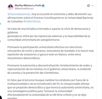 La congresista Martha Alfonso negó que se quieran cambiar los estatutos de la Universidad Nacional de manera irregular - crédito @MarthaAlfonsoJ/X