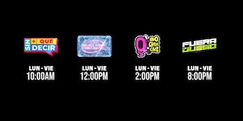 Logos y horarios de LUN-VIE: Sin Que Decir 10:00AM, texto rosa congelado 12:00PM, Bo Chin Che 2:00PM, Fuera de Juego 8:00PM