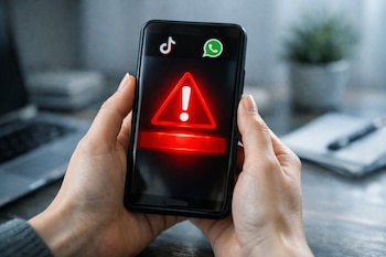Dos manos sostienen un teléfono móvil con pantalla negra que muestra un triángulo rojo de advertencia y los logotipos de TikTok y WhatsApp.
