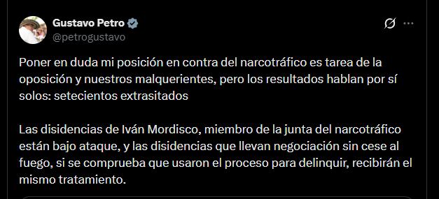 El presidente Gustavo Petro reafirma en X su compromiso contra el narcotráfico y advierte a las disidencias que se aprovechen del proceso de paz para delinquir - crédito Gustavo Petro/X
