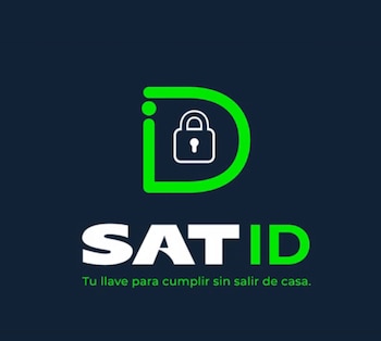 Logotipo de SAT ID con un candado blanco dentro de un contorno verde de las letras "ID" sobre un fondo azul oscuro. Debajo, texto blanco y verde