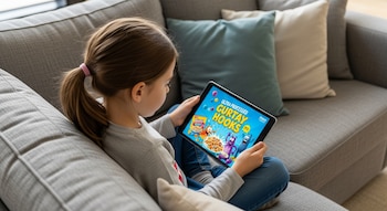 Niña sentada en un sillón, mira una tableta con publicidad de cereales de colores. Se ven dos cojines en el sillón.