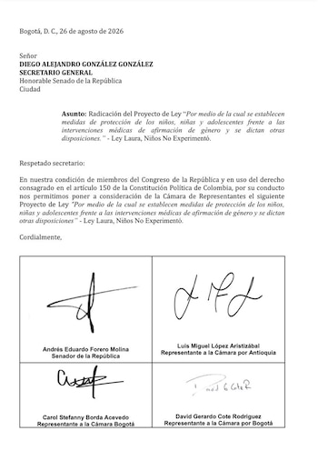 La iniciativa fue radicada en el Congreso bajo el nombre de ‘Ley Laura, Niños No Experimento’. - crédito @AForeroM/X