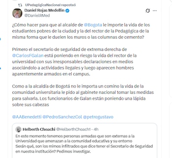 El ministro Daniel Rojas Medellín señaló al secretario de Seguridad de Bogotá, César Restrepo, de poner en riesgo la vida del rector de la Universidad Pedagógica - crédito @DanielRMed/X
