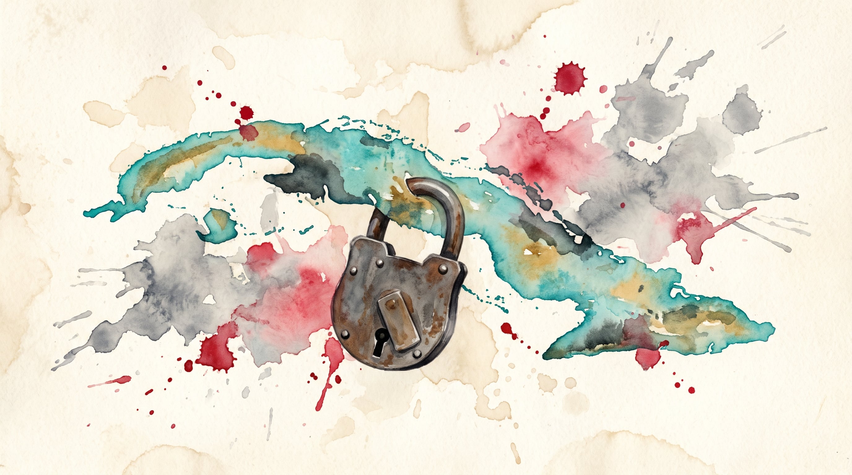Un candado de hierro sobre el mapa en acuarela de Cuba ilustra las exigencias de orden y seguridad frente a la violencia. (Imagen Ilustrativa Infobae)