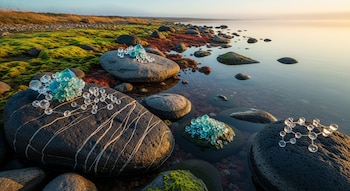 Rocas oscuras con vetas, musgo verde y sedimentos rojizos en la orilla del agua, con estructuras cristalinas de burbujas y cristales azules.