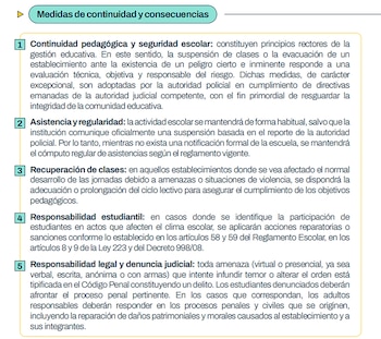 Un documento que detalla las "Medidas de continuidad y consecuencias" en un entorno escolar, con cinco secciones numeradas de texto en español
