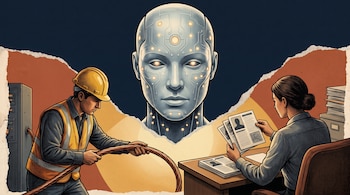 Ilustración de una cabeza robótica rodeada por un técnico manipulando cables y una mujer analizando documentos en un escritorio.