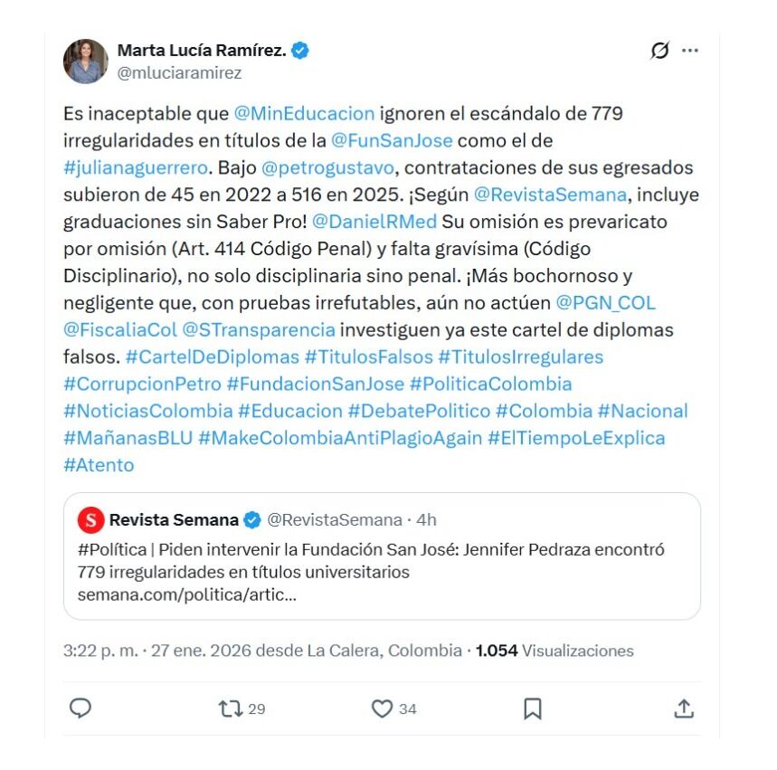 Con este mensaje en X, la exvicepresidenta Marta Lucía Ramírez enfatizó sus críticas al Gobierno por lo que estaría ocurriendo en la Fundación San José - crédito @mluciaramirez/X