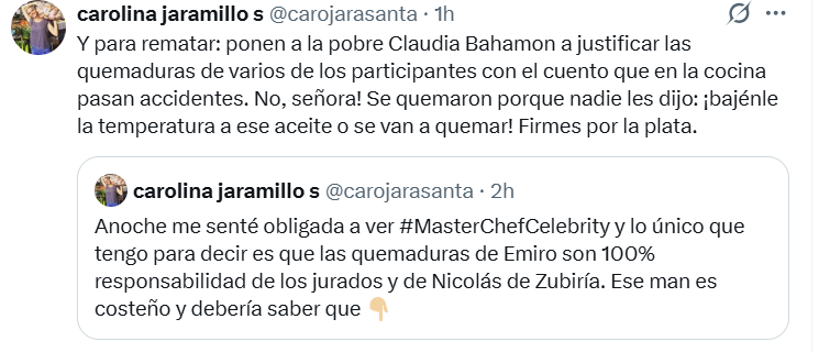 La docente cuestionó el mensaje de Claudia Bahamón tras las quemaduras de los concursantes - crédito @carojarasanta/ X