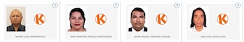 Cuatro retratos de frente de candidatos electorales: un hombre mayor, dos mujeres y un hombre más joven, con logotipos "K" anaranjados