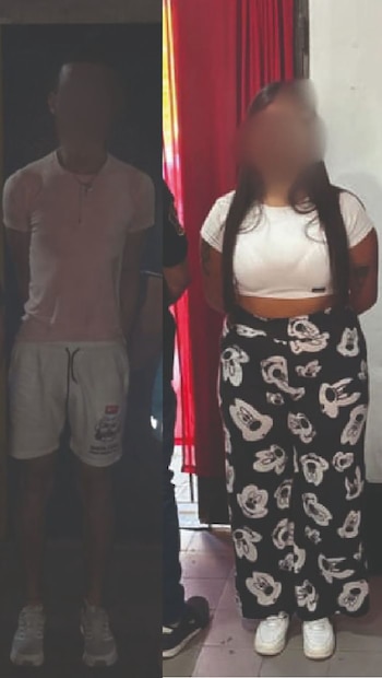 Imagen dividida mostrando a un hombre y una mujer de pie, ambos con los rostros borrosos, durante un operativo policial