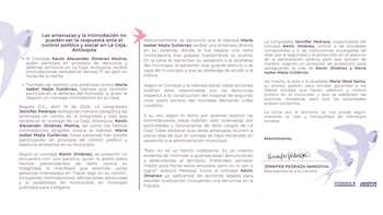 Jennifer Pedraza denunció presuntos hechos de intimidación contra el concejal de La Ceja Kevin Jiménez y la lideresa social María Isabel Mejía en el oriente antioqueño - crédito @JenniferPedraz/X