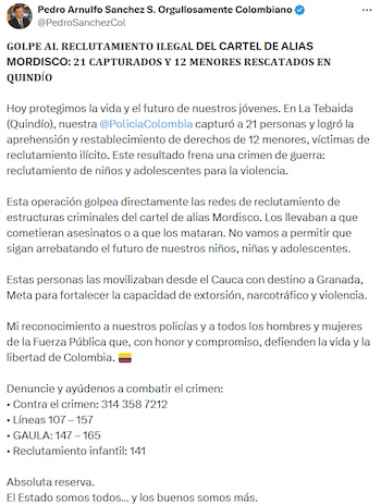 El MinDefensa confirmó una operación en La Tebaida, Quindío, donde fueron capturadas 21 personas y rescatados 12 menores presuntamente víctimas de reclutamiento ilegal. - crédito @PedroSanchezCol/X