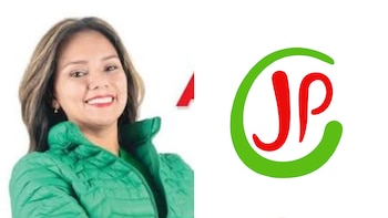 Fotografía de Ingrid Alcarraz sonriendo con chaqueta verde junto al logotipo del partido Juntos por el Perú sobre fondo blanco