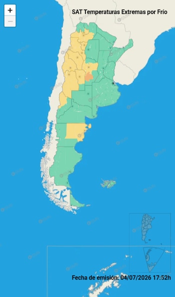 Mapa de Argentina con regiones en verde, amarillo y naranja, texto "SAT Temperaturas Extremas por Frío" y "Fecha de emisión: 04/07/2026 17:52h"