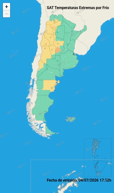 Un mapa de Argentina del Sistema de Alerta Temprana (SAT) indica las zonas con temperaturas extremas por frío.