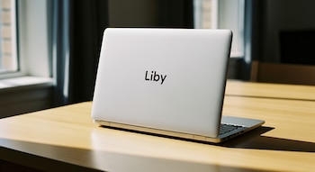 Una computadora portátil gris con el logo Liby visible en la tapa se encuentra sobre una mesa de madera clara, con una ventana y cortinas oscuras al fondo.
